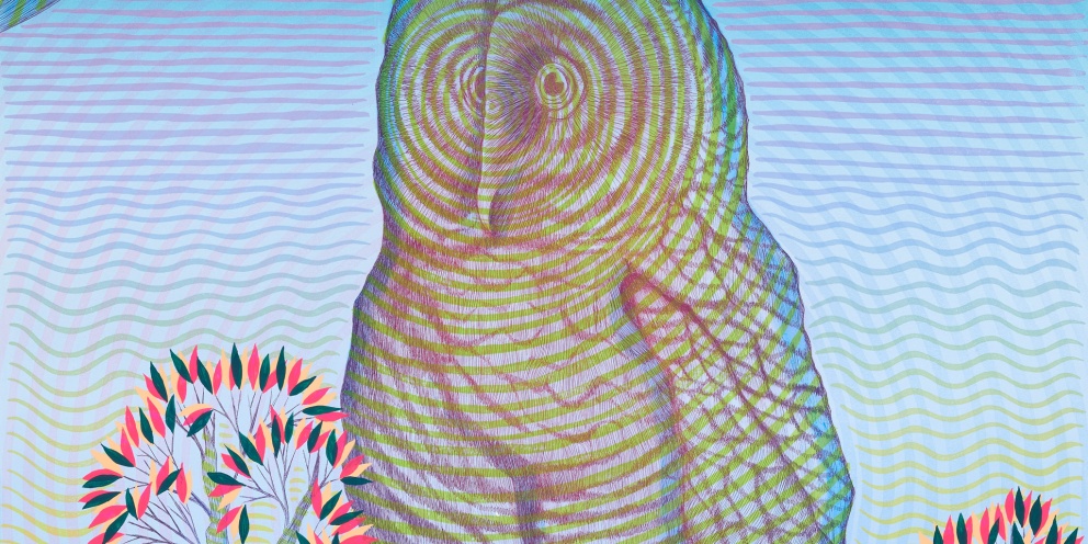 Detail of "Owl at Dusk" (2023) by Andrew Schoultz