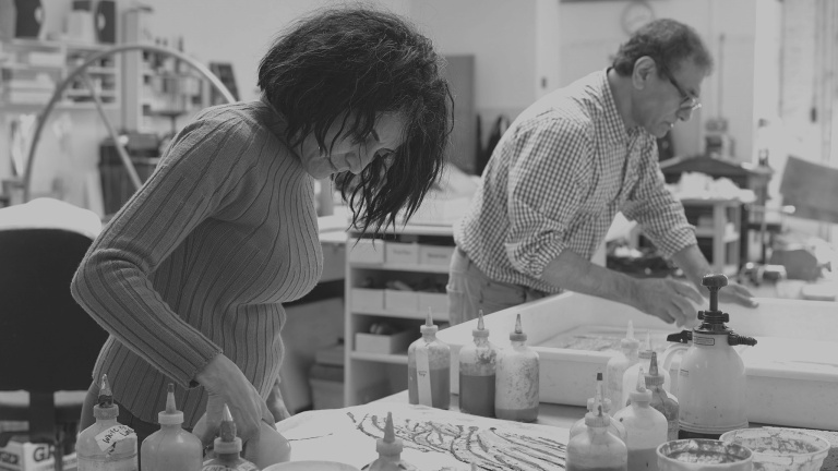 Ghada Amer and Reza Farkhondeh in the Pace Paper studio.