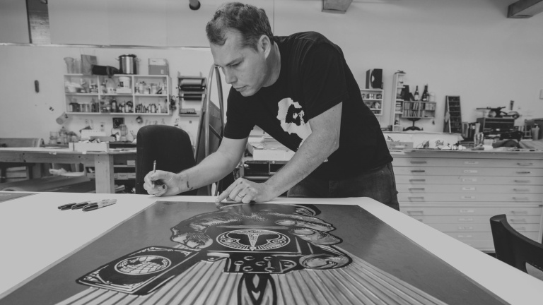 Shepard Fairey at the Pace Paper studio.