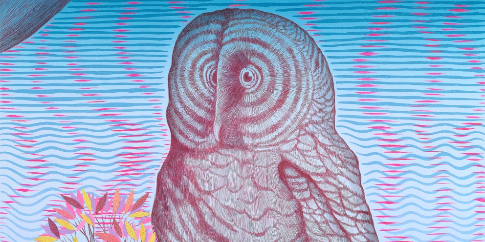 Detail of "Spring Owl at Dusk" (2024) by Andrew Schoultz