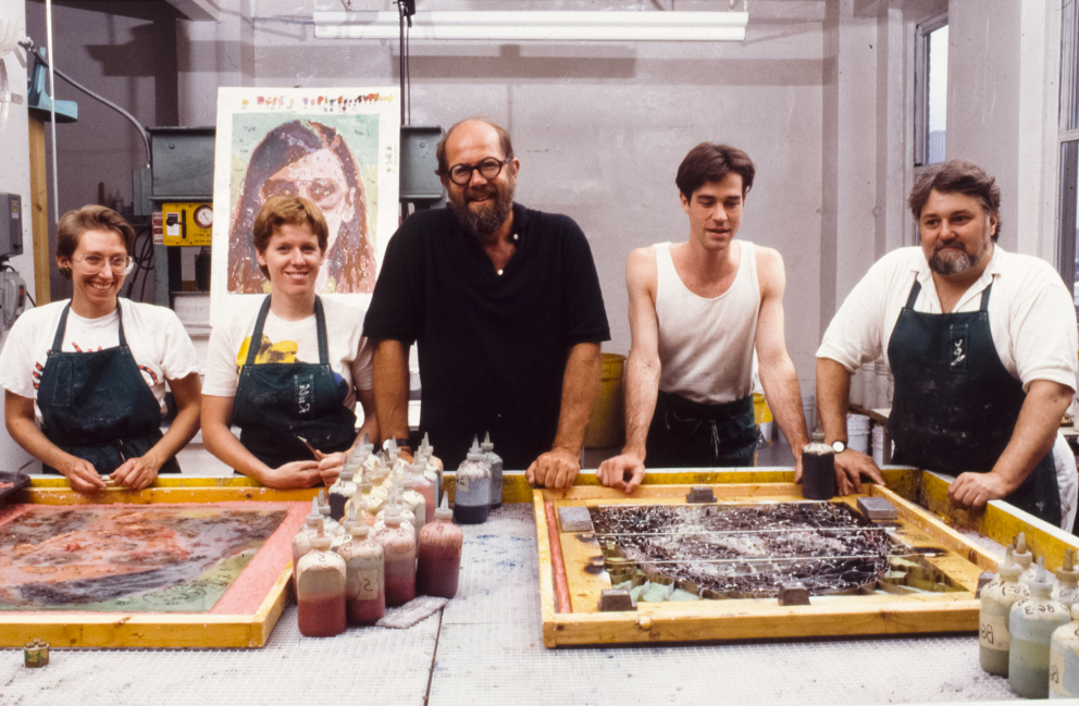 Chuck Close (center) with Kathy Kuehn, Ruth Lingen, Michael Herstand and Joe Wilfer (left to right) circa 1988